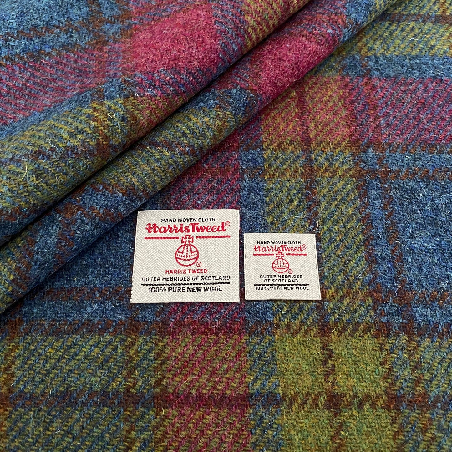 Raspberry, Blue & Green Tartan Check Harris Tweed - BY THE METRE / HALF / QUARTER