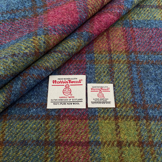 Raspberry, Blue & Green Tartan Check Harris Tweed - BY THE METRE / HALF / QUARTER