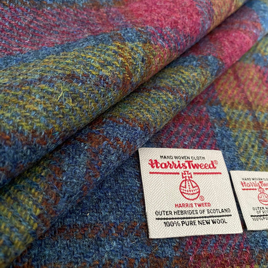 Raspberry, Blue & Green Tartan Check Harris Tweed - BY THE METRE / HALF / QUARTER