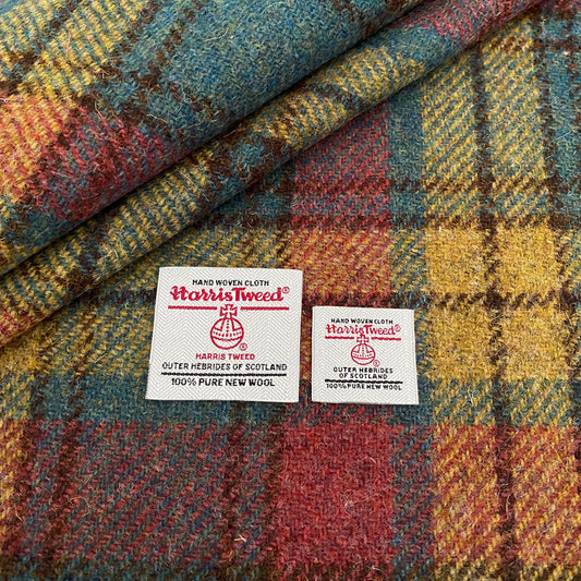 Raspberry Rust, Green & Mustard Tartan Check Harris Tweed - BY THE METRE / HALF / QUARTER