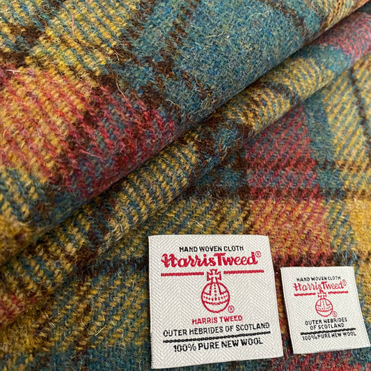 Raspberry Rust, Green & Mustard Tartan Check Harris Tweed - BY THE METRE / HALF / QUARTER