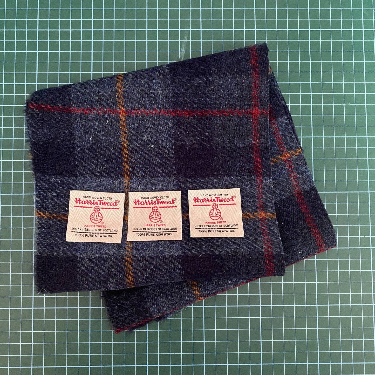 Navy Blue Tartan Check With Yellow & Red Overcheck Harris Tweed - Offcut 223