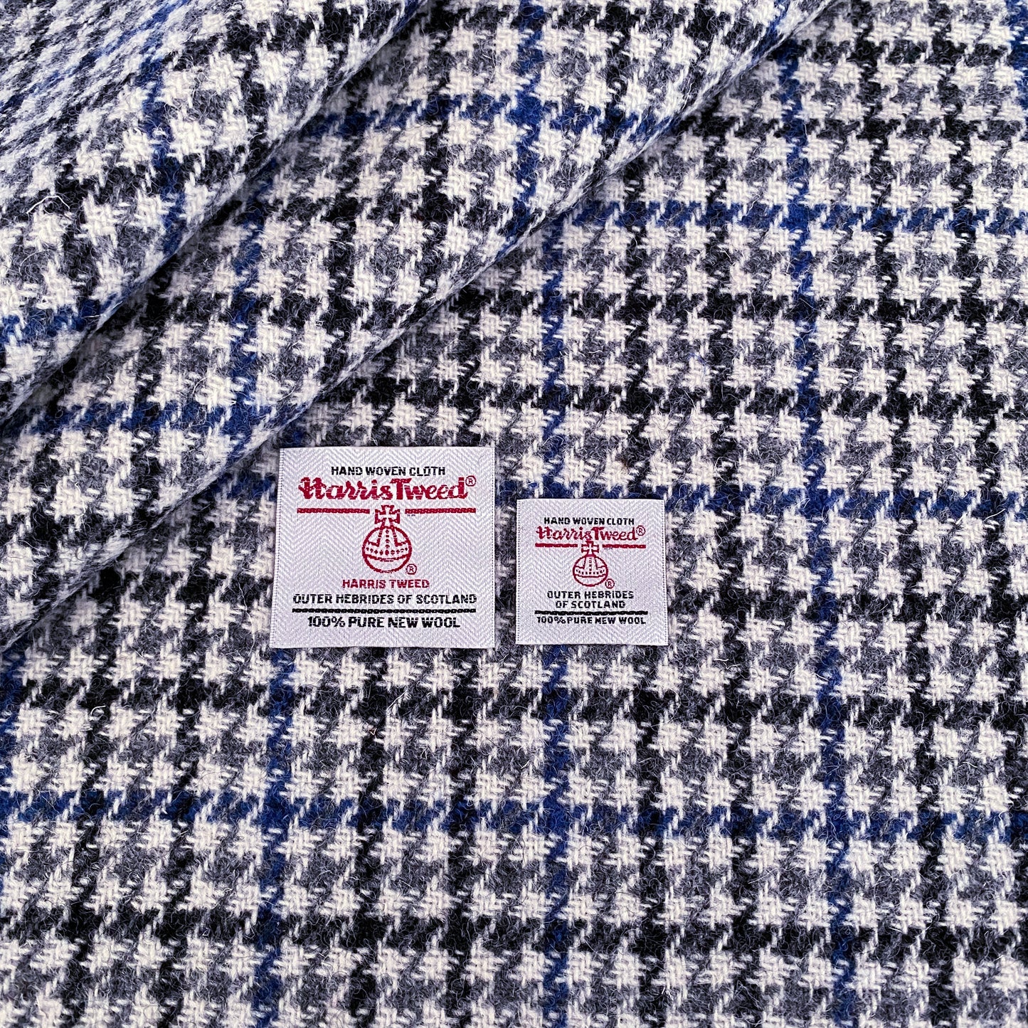 Grey, Blue & White Houndstooth Harris Tweed