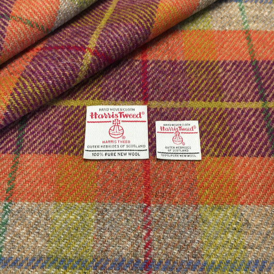 Orange, Purple & Yellow Tartan Harris Tweed - BY THE METRE / HALF / QUARTER