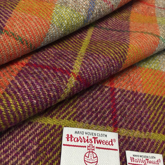 Orange, Purple & Yellow Tartan Harris Tweed - BY THE METRE / HALF / QUARTER