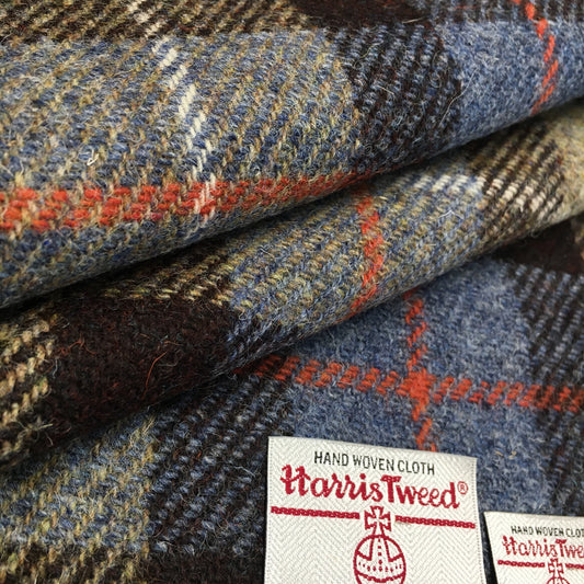 Brown, Beige & Blue Tartan Harris Tweed - BY THE METRE