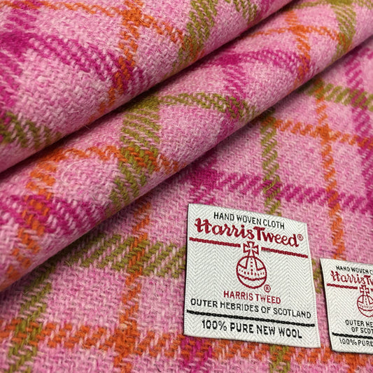 Baby Pink Check With Bright Pink, Orange & Green Overcheck Harris Tweed - BY THE METRE