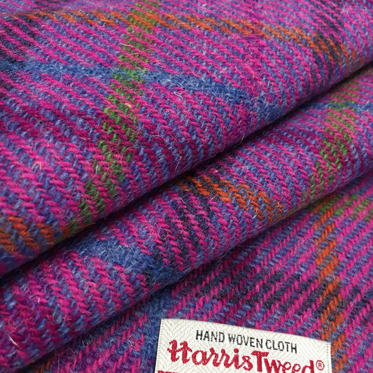 Bright Pink & Blue Diagonal Check With Cerise, Blue & Green Overcheck Harris Tweed - BY THE METRE