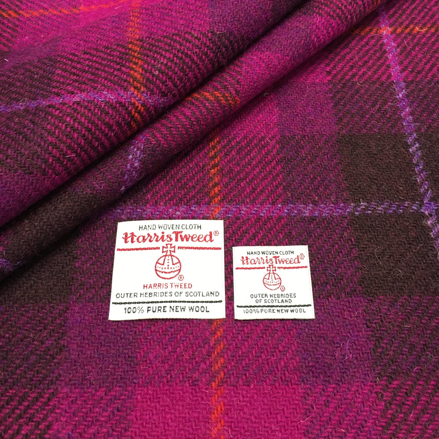 Cerise & Plum Tartan With Orange & Violet Overcheck Harris Tweed - BY THE METRE / HALF / QUARTER