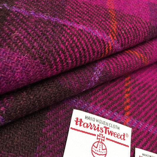 Cerise & Plum Tartan With Orange & Violet Overcheck Harris Tweed - BY THE METRE