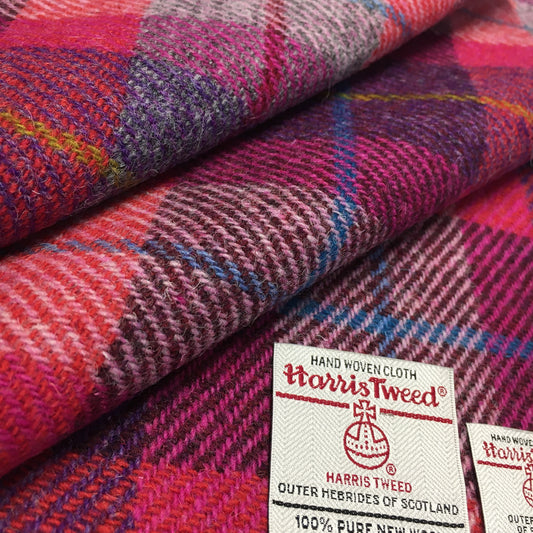 Pink & Purple Tartan With Yellow, Blue & Red Overcheck Harris Tweed - BY THE METRE / HALF / QUARTER