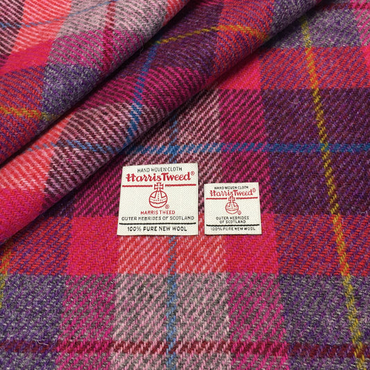 Pink & Purple Tartan With Yellow, Blue & Red Overcheck Harris Tweed - BY THE METRE / HALF / QUARTER