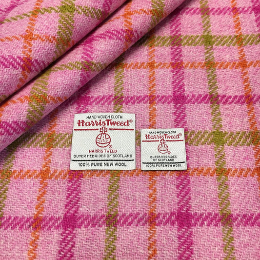 Baby Pink Check With Bright Pink, Orange & Green Overcheck Harris Tweed - BY THE METRE