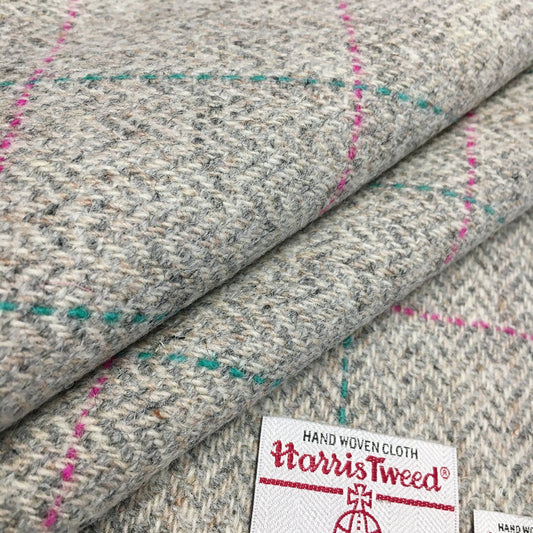 Grey Herringbone With Bright Pink & Jade Green Overcheck Harris Tweed  - BY THE METRE / HALF / QUARTER