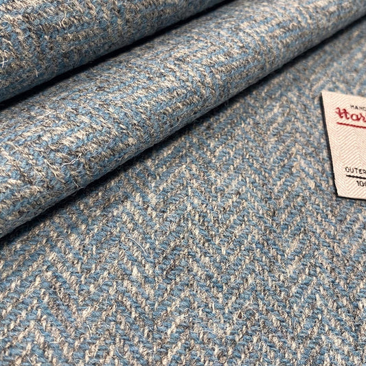 Turquoise Blue & Grey Herringbone Harris Tweed - BY THE METRE / HALF / QUARTER