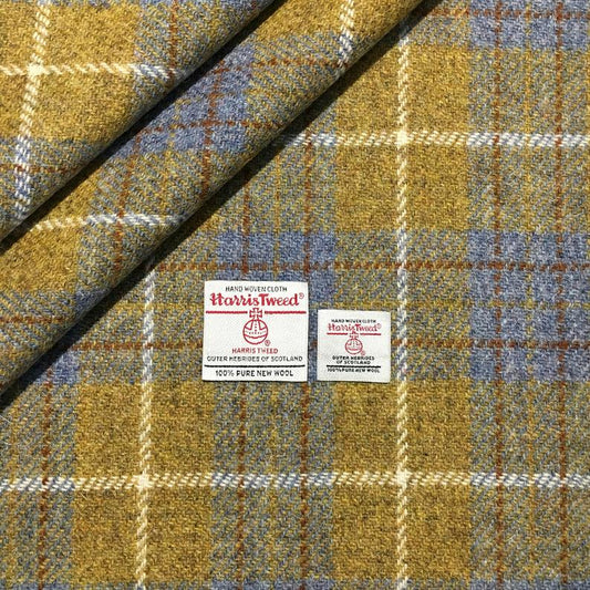 Blue & Mustard Yellow Tartan Check Harris Tweed - BY THE METRE