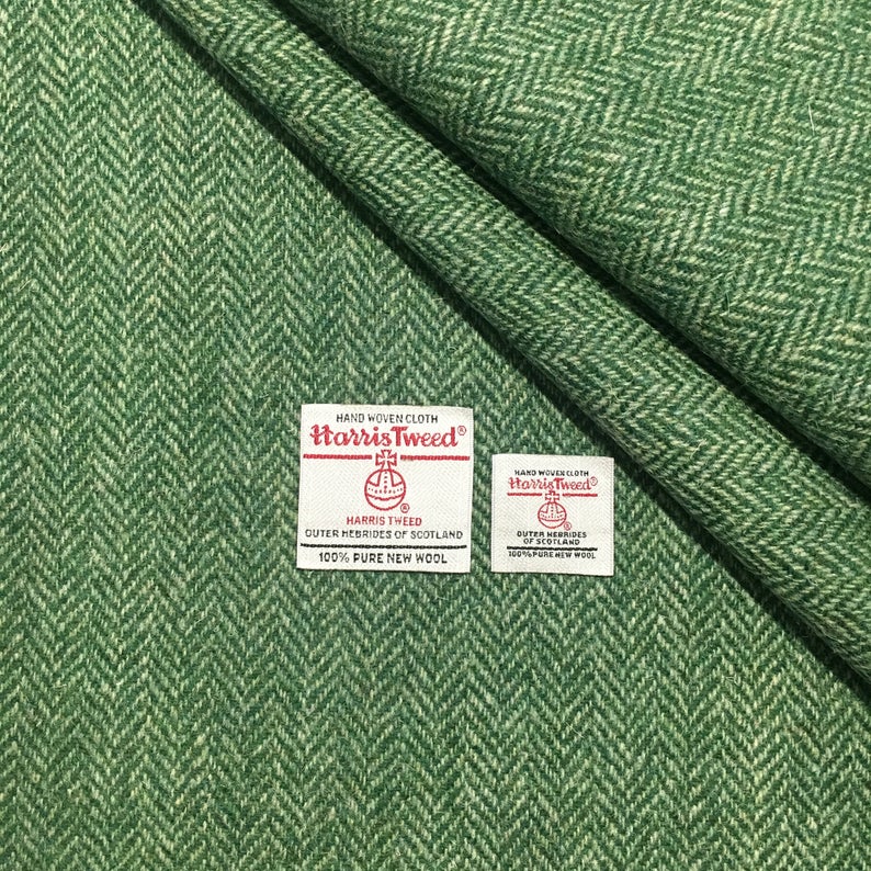 Mid Green & Light Green Herringbone Harris Tweed - BY THE METRE / HALF / QUARTER