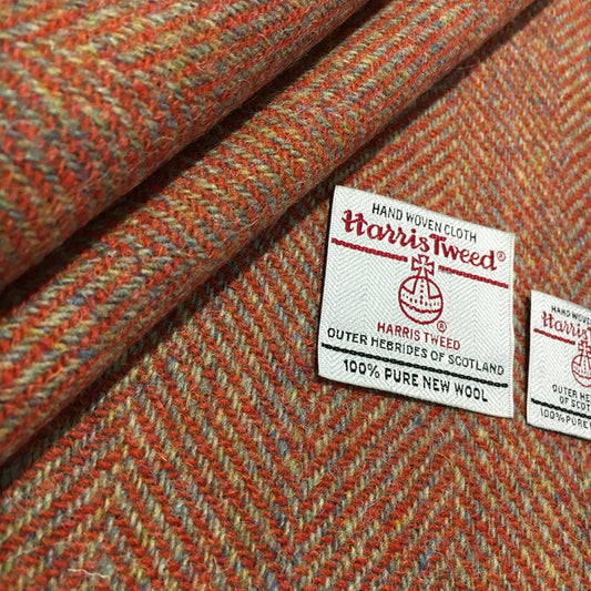 Orange & Mint Green Wide Herringbone Harris Tweed - BY THE METRE / HALF / QUARTER