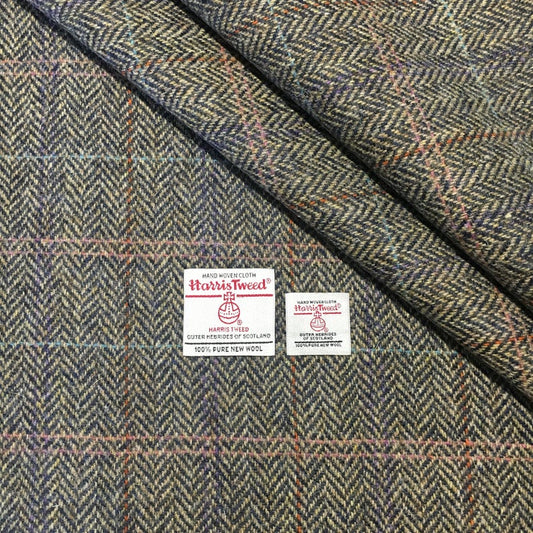 Brown Multi Rainbow Herringbone with Overcheck Harris Tweed - BY THE METRE