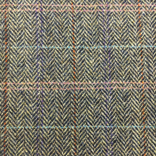 Brown Multi Rainbow Herringbone with Overcheck Harris Tweed - BY THE METRE