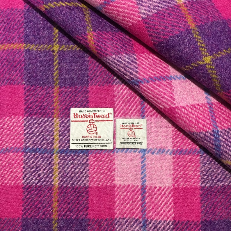 Pink & Dark Violet Tartan Check Harris Tweed - BY THE METRE / HALF / QUARTER