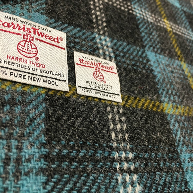 Grey Tartan Check With Blue & Yellow Overcheck Harris Tweed - BY THE METRE / HALF / QUARTER