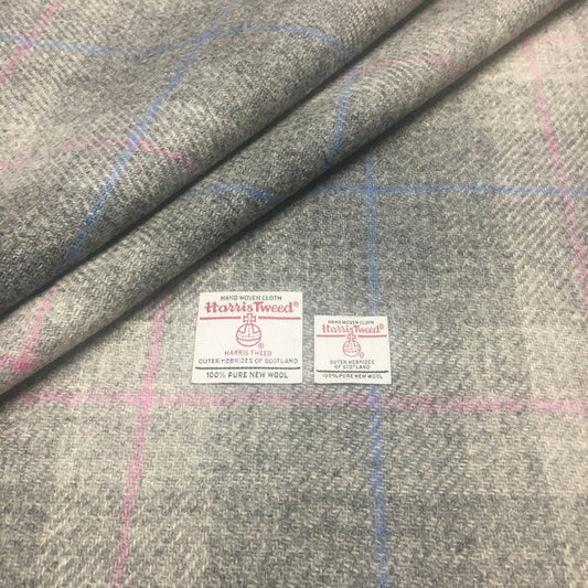 Pastel Grey Tartan Check with Baby Pink & Cornflower Blue Overcheck Harris Tweed - BY THE METRE / HALF / QUARTER