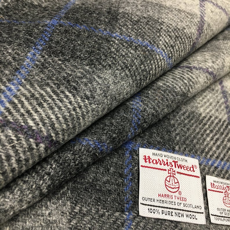 Grey Tartan Check with Grape & Cornflower Blue Overcheck Harris Tweed - BY THE METRE / HALF / QUARTER