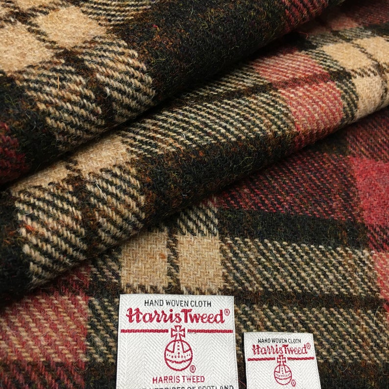 Dark Brown & Green, Beige, Rust Red Tartan Check Harris Tweed - BY THE METRE / HALF / QUARTER