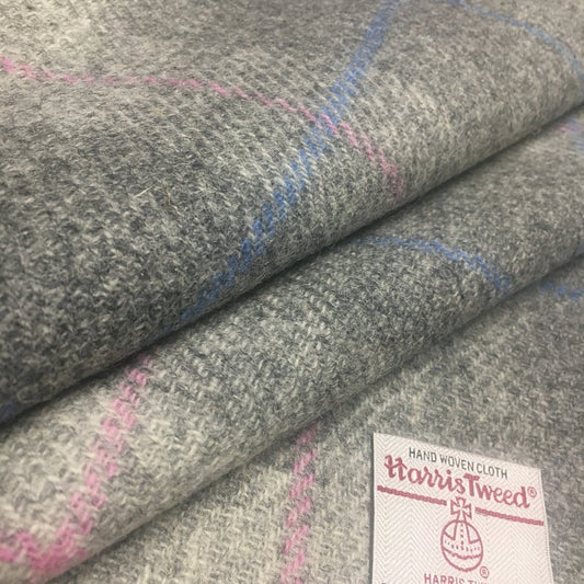 Pastel Grey Tartan Check with Baby Pink & Cornflower Blue Overcheck Harris Tweed - BY THE METRE / HALF / QUARTER