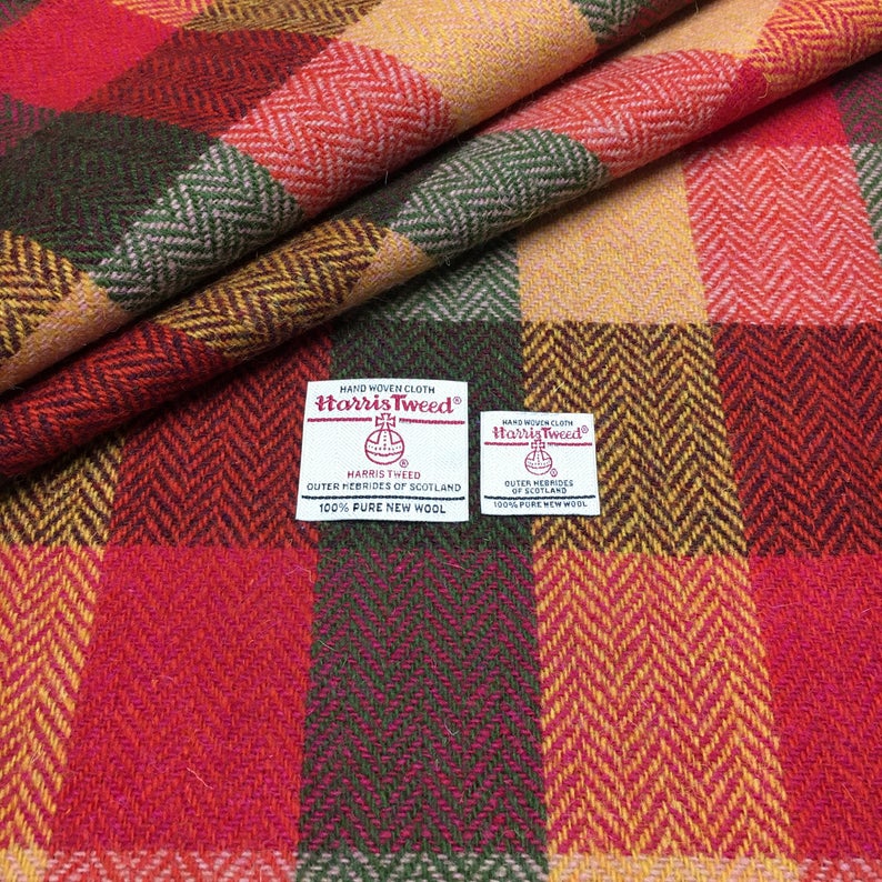 Yellow, Orange & Green Herringbone Check Harris Tweed - BY THE METRE / HALF / QUARTER