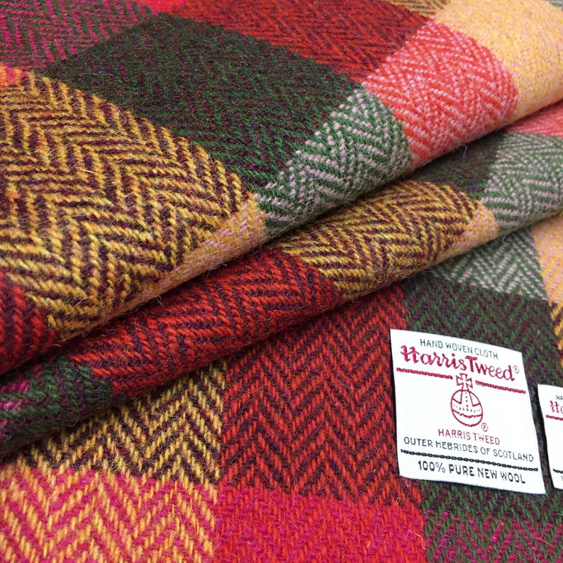 Yellow, Orange & Green Herringbone Check Harris Tweed - BY THE METRE / HALF / QUARTER