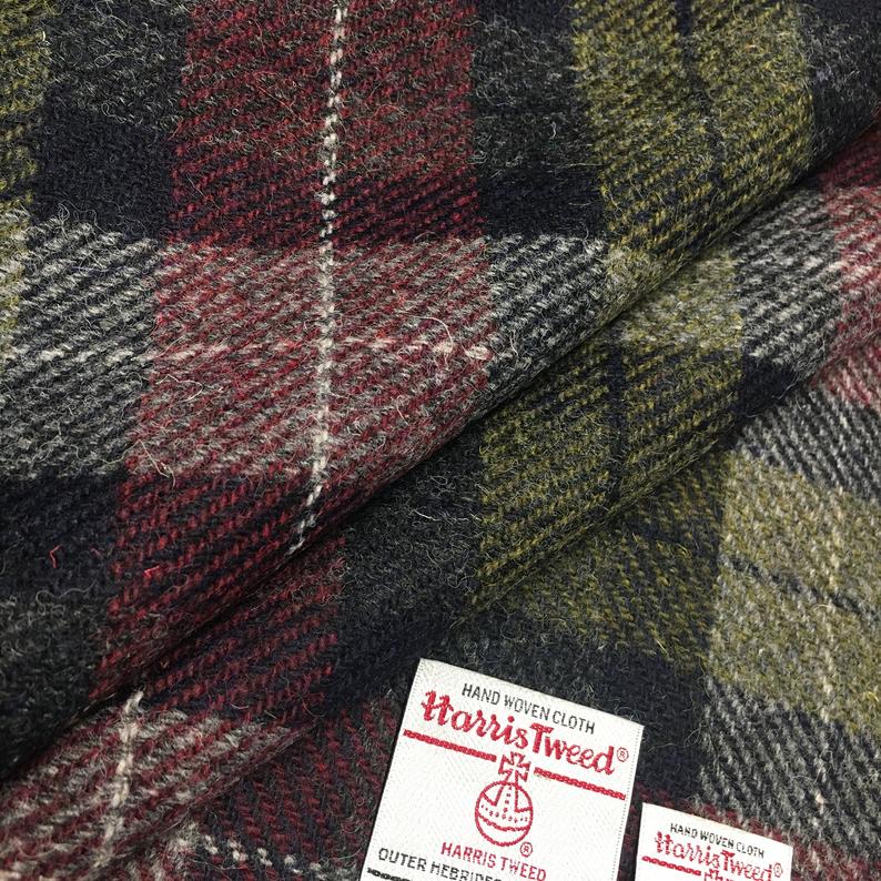 Navy, Burgundy & Green Tartan Check Harris Tweed - BY THE METRE / HALF / QUARTER