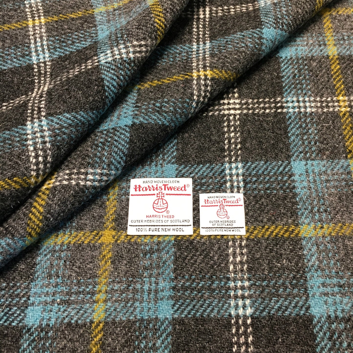 Grey Tartan Check With Blue & Yellow Overcheck Harris Tweed - BY THE METRE / HALF / QUARTER