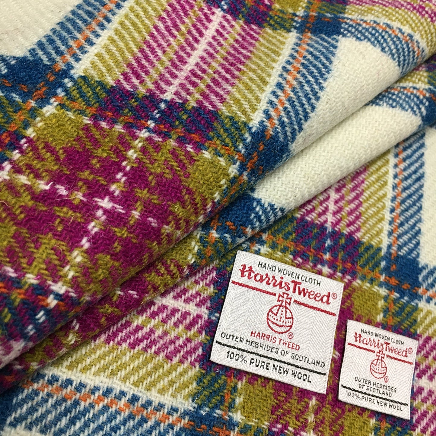 Ivory White Tartan Check with Kingfisher Blue, Cerise Pink & Acid Green Harris Tweed - BY THE METRE