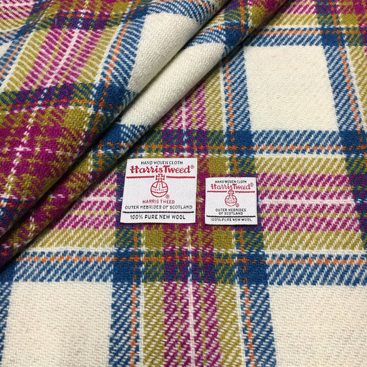 Ivory White Tartan Check with Kingfisher Blue, Cerise Pink & Acid Green Harris Tweed - BY THE METRE / HALF / QUARTER