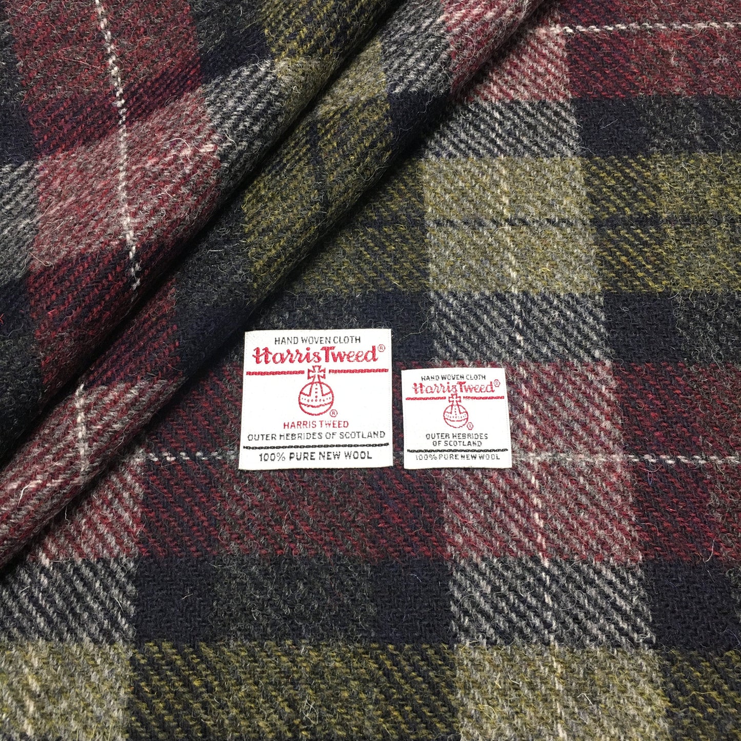 Navy, Burgundy & Green Tartan Check Harris Tweed - BY THE METRE / HALF / QUARTER