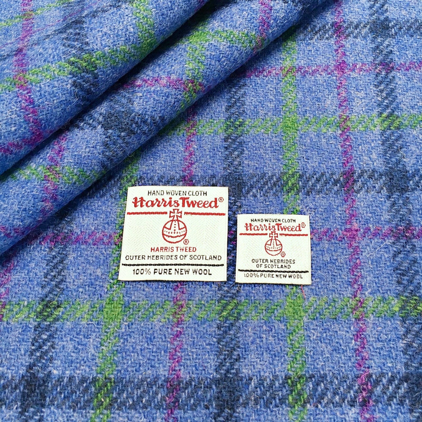 Blue Check With Green & Purple Overcheck Harris Tweed - BY THE METRE / HALF / QUARTER