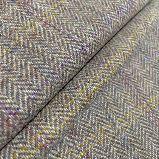 Heather & Oatmeal Herringbone with Purple, Pink, Yellow & Blue Overcheck Harris Tweed - BY THE METRE / HALF / QUARTER