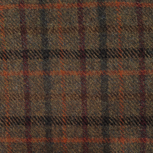 Brown Small Check with Orange, Red & Brown Overcheck Harris Tweed - BY THE METRE