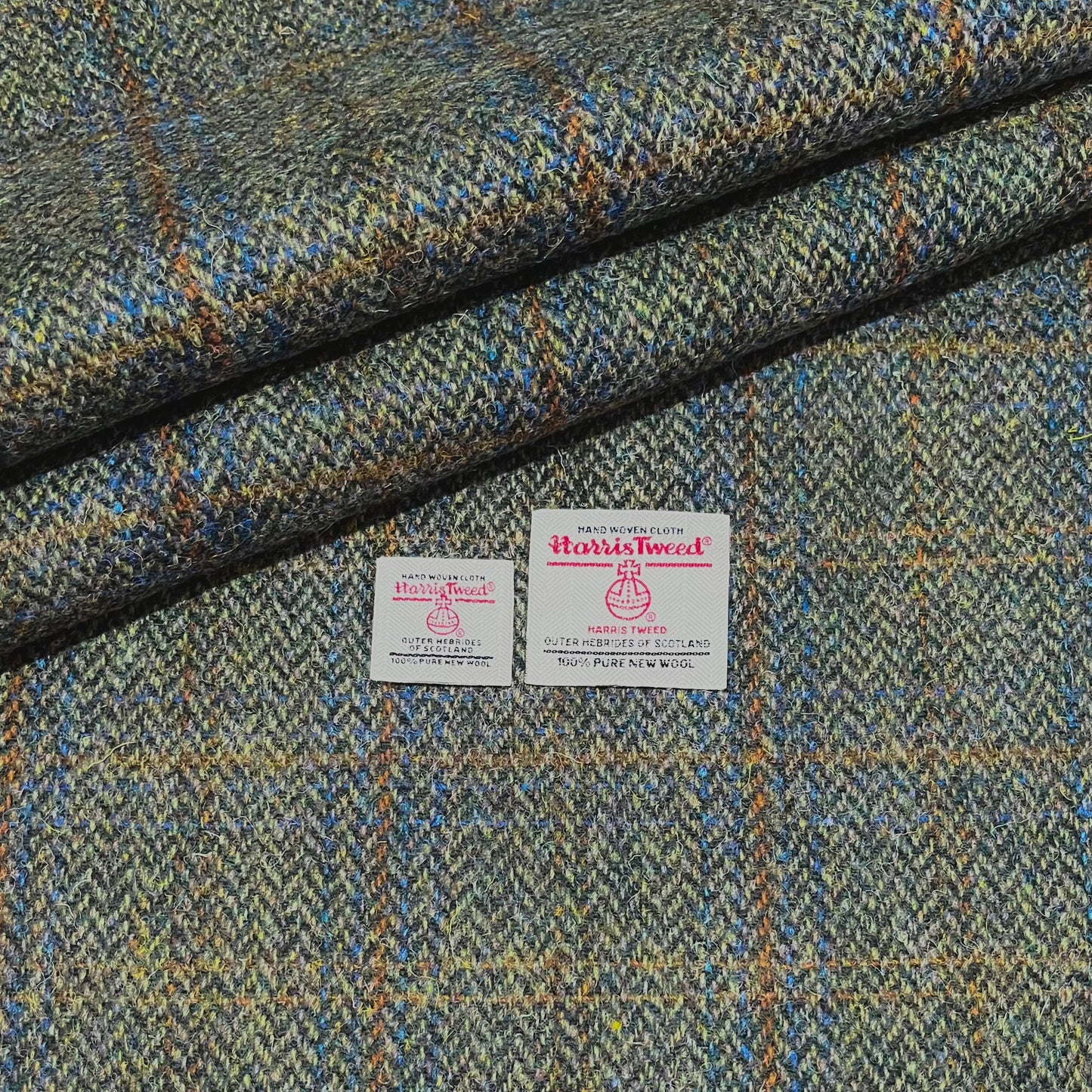 Green Mix Herringbone With Blue & Rust Overcheck Harris Tweed - BY THE METRE / HALF / QUARTER