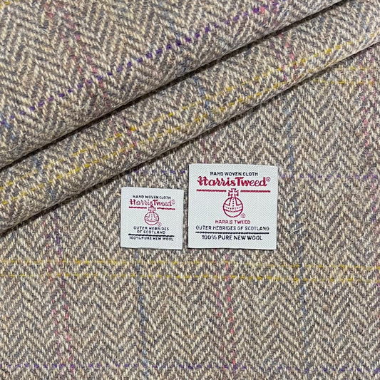 Heather & Oatmeal Herringbone with Purple, Pink, Yellow & Blue Overcheck Harris Tweed - BY THE METRE / HALF