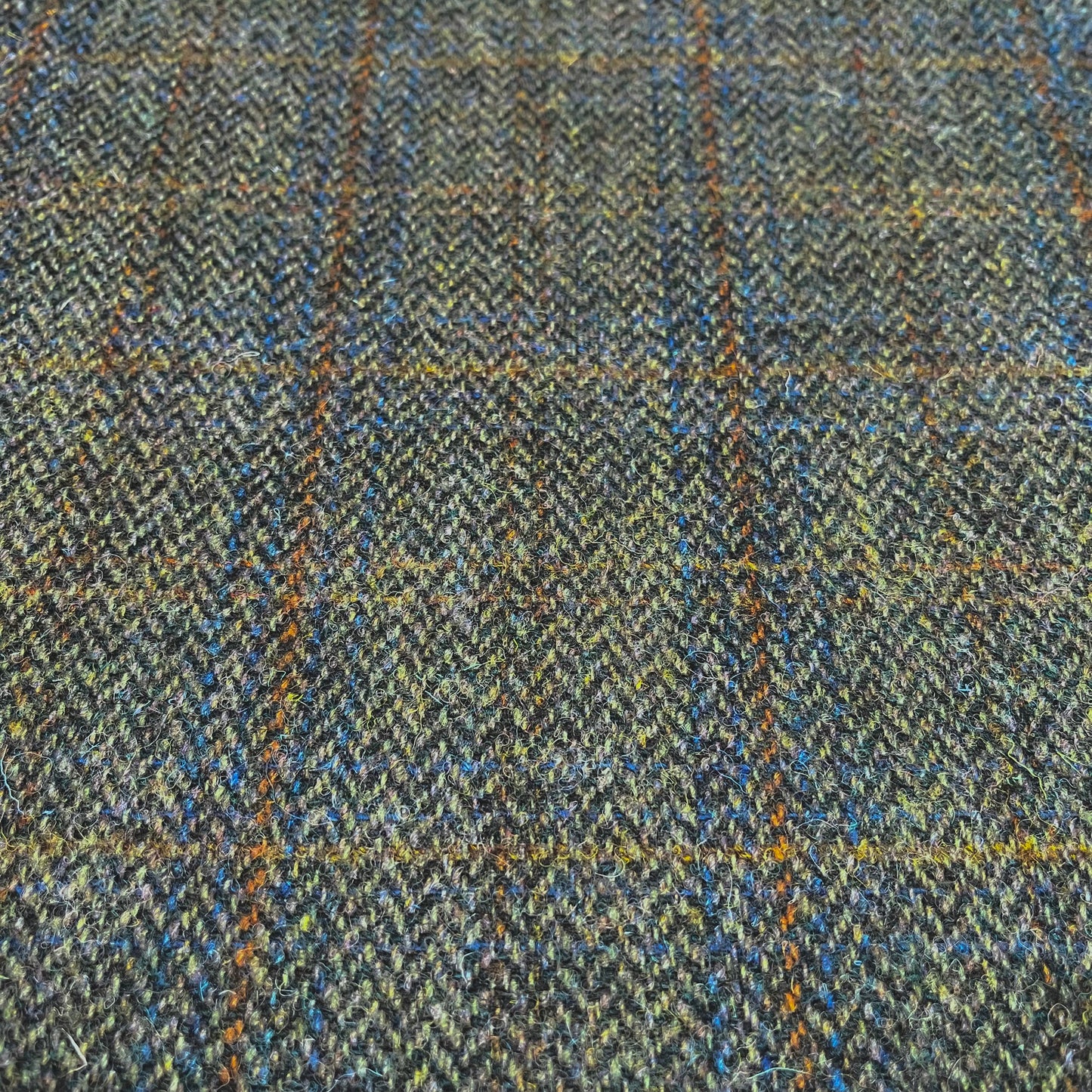 Green Mix Herringbone With Blue & Rust Overcheck Harris Tweed - BY THE METRE / HALF / QUARTER