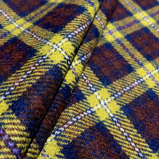 Dark Chestnut, Navy, & Acid Green Tartan Harris Tweed - BY THE METRE