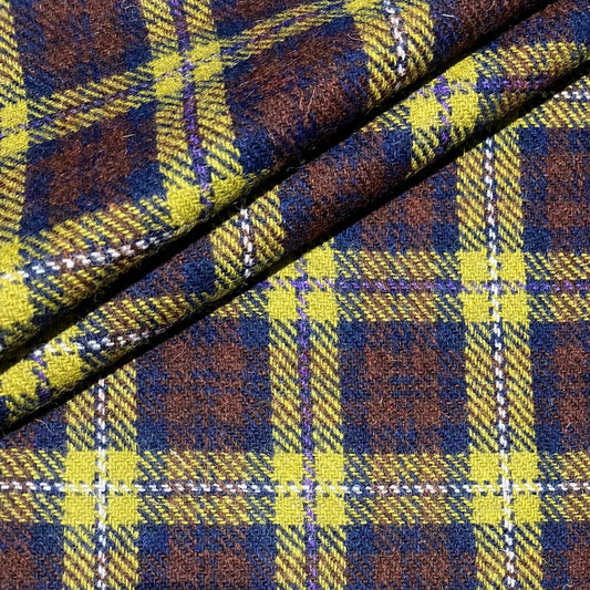 Dark Chestnut, Navy, & Acid Green Tartan Harris Tweed - BY THE METRE