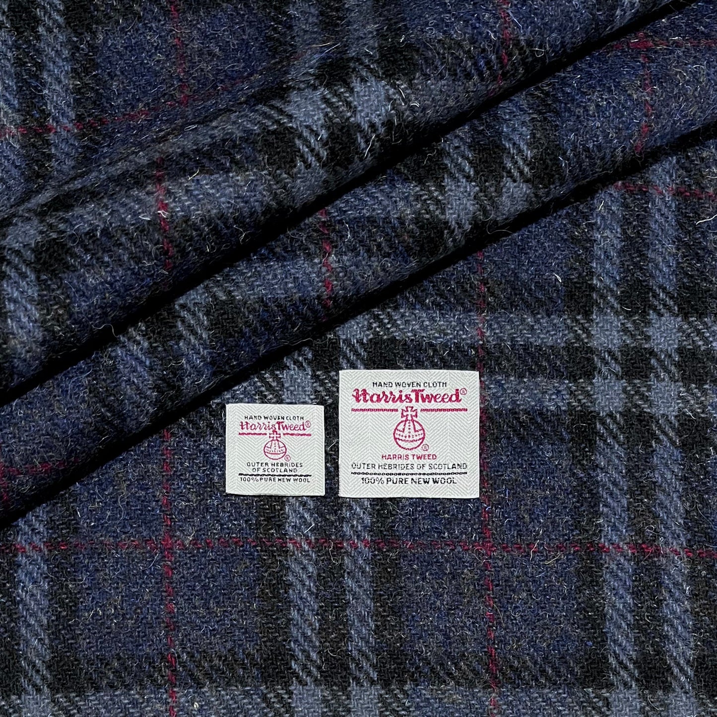 Dark Blue & Black Tartan Check With Red Overcheck Harris Tweed - BY THE METRE / HALF / QUARTER