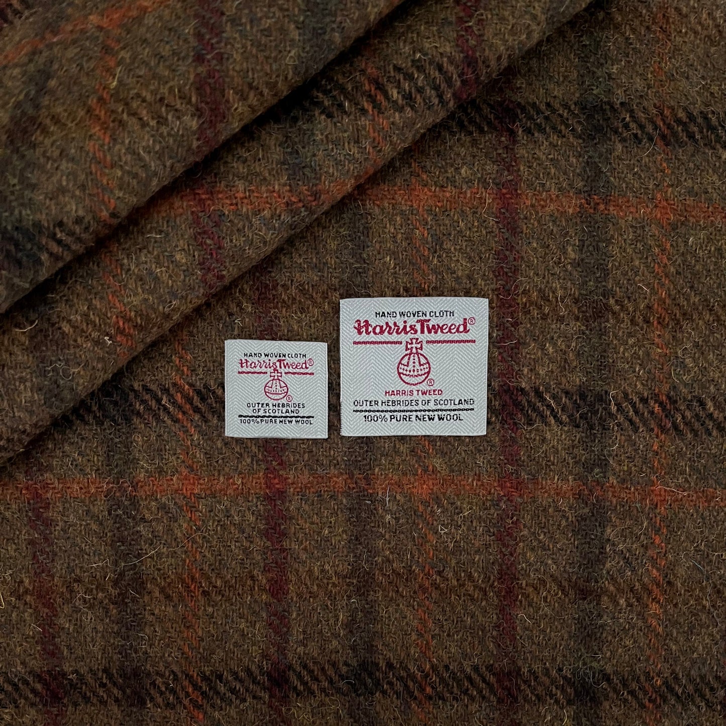 Brown Small Check with Orange, Red & Brown Overcheck Harris Tweed - BY THE METRE / HALF / QUARTER