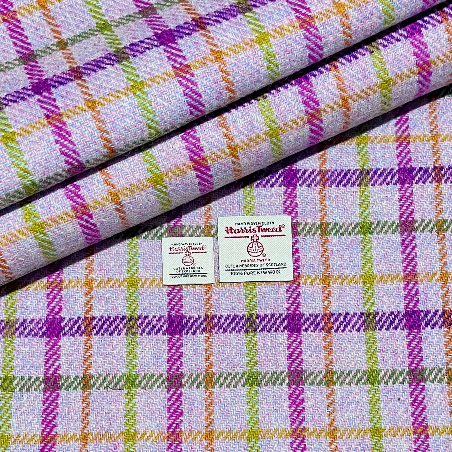 Baby Blue & Pink Diagonal with Cerise, Purple, Green, & Orange Overcheck Harris Tweed