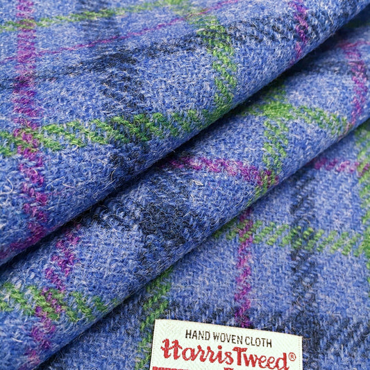 Blue Check With Green & Purple Overcheck Harris Tweed - BY THE METRE