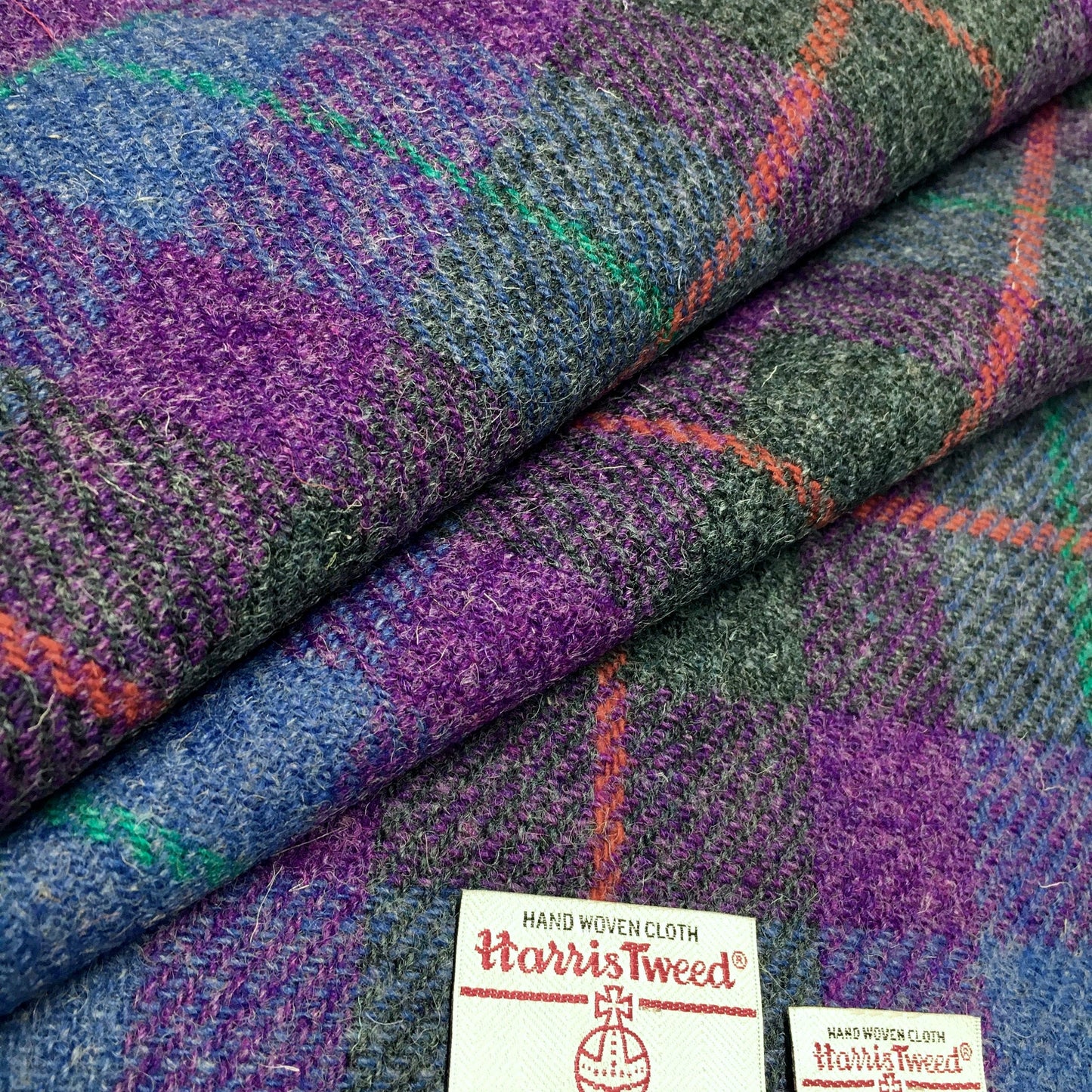 Purple, Blue & Grey Tartan Check With Red & Green Overcheck Harris Tweed - BY THE METRE / HALF / QUARTER